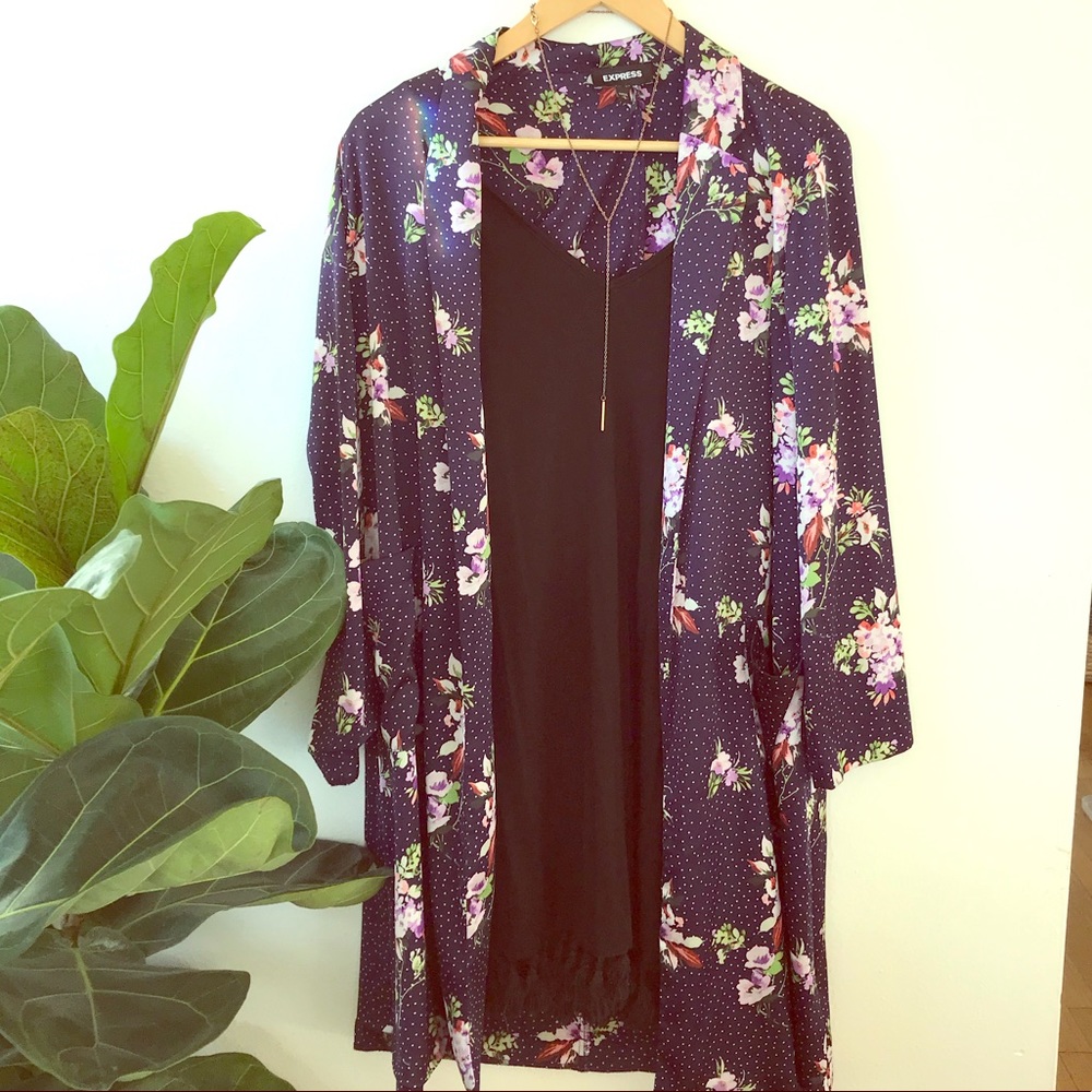 Long floral kimono duster, navy with floral. S